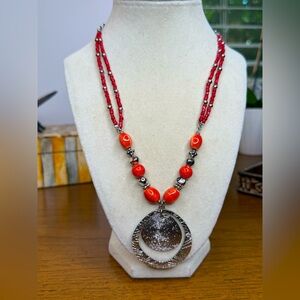 Bold Red Beaded Necklace with Double Hoop Pendant – Boho Tribal Statement